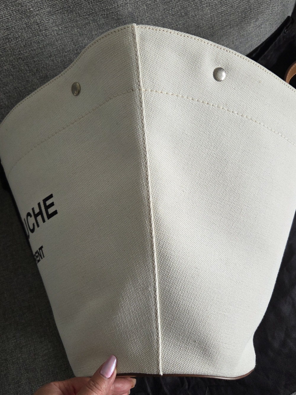 Saint Laurent Rive Gauche White Canvas Tote with Brown Leather Handles - Picture 9 of 14